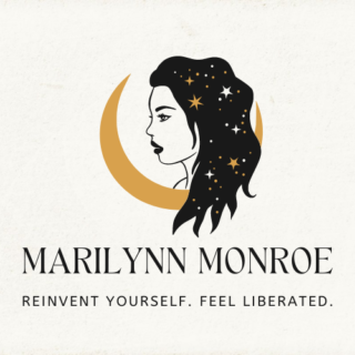 Marilynn Monroe logo woman inside crescent moon with stars in hair reinvent yourself feel liberated